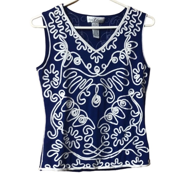 Royal blue ribbon embroidered vneck sleeveless top - Picture 1 of 4